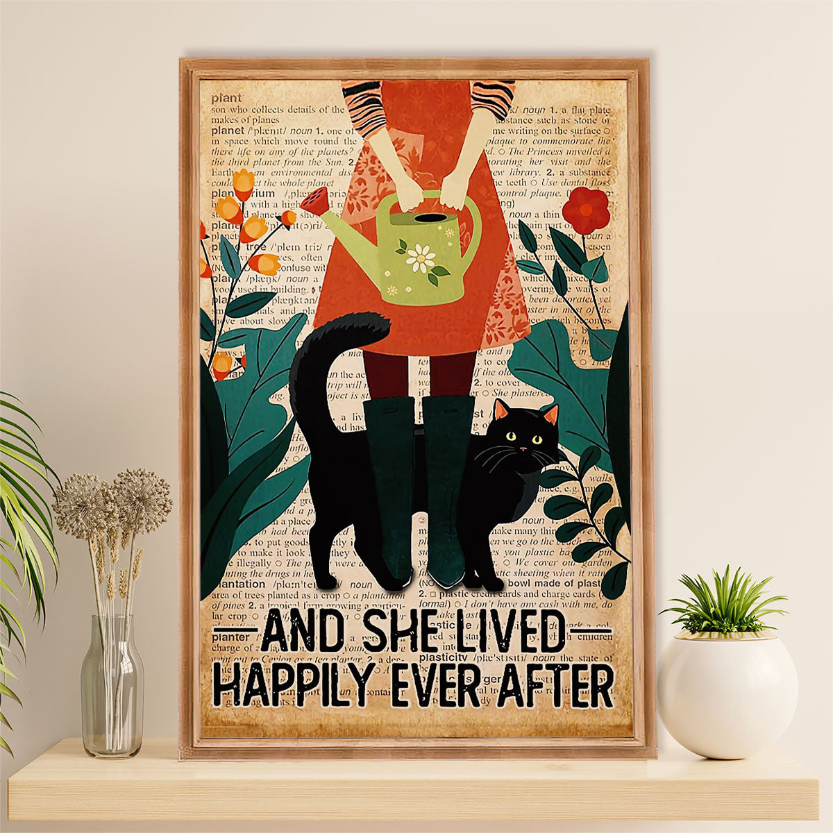Gardening Poster Home Décor Wall Art | Black Cat & Girl | Gift for Gardener, Plants Lover