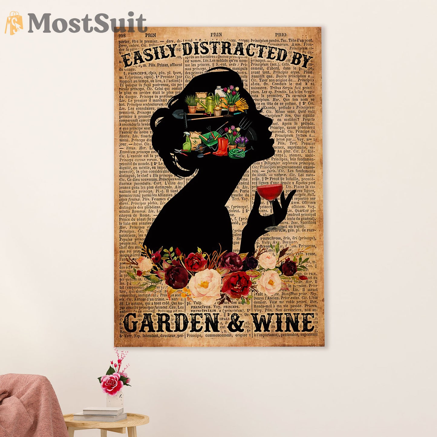 Gardening Poster Home Décor Wall Art | Distracted by Garden & Wine | Gift for Gardener, Plants Lover