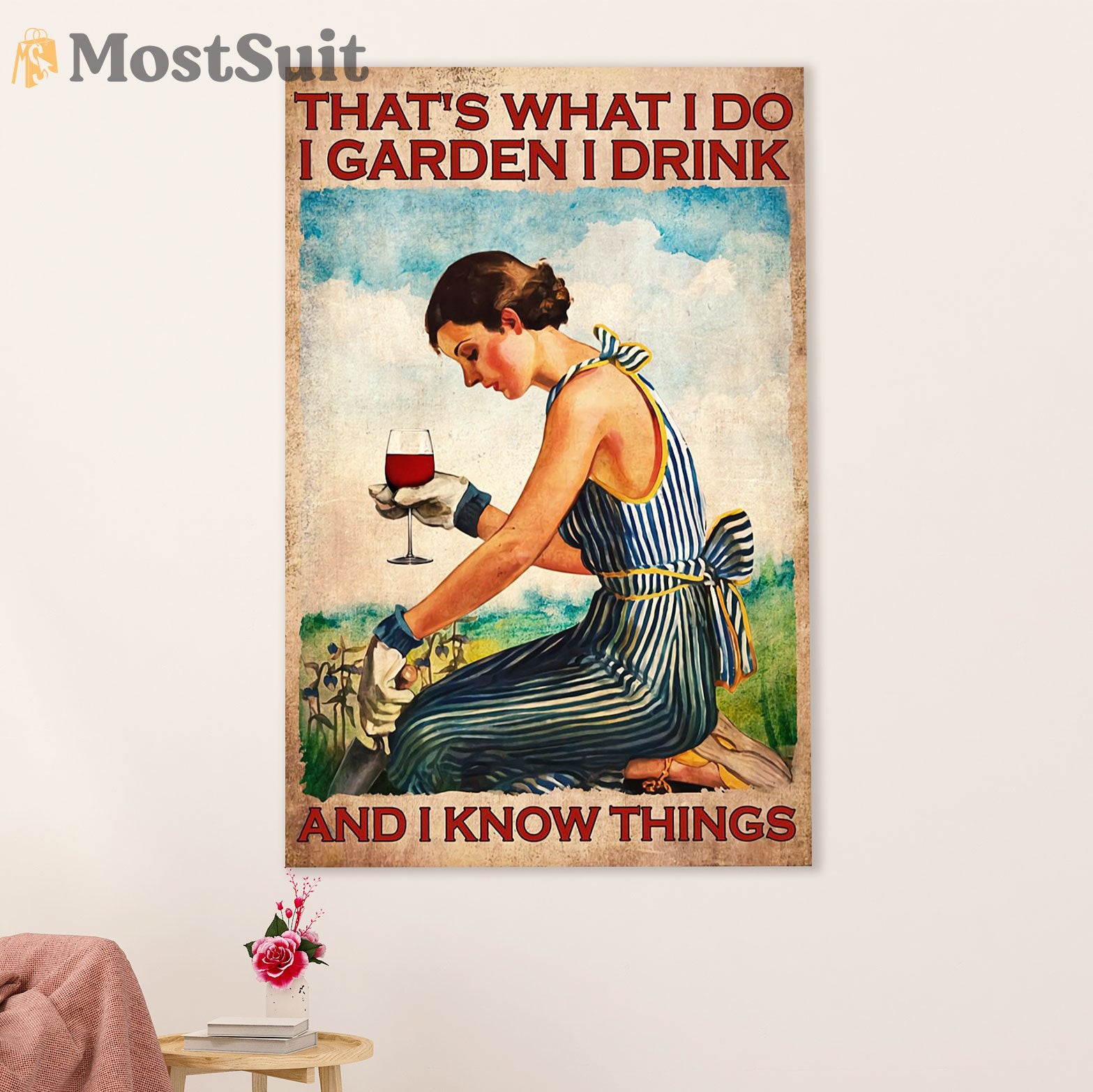 Gardening Poster Home Décor Wall Art | Woman Gardens & Drinks | Gift for Gardener, Plants Lover