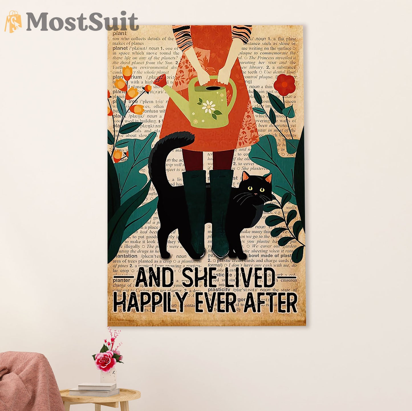 Gardening Poster Home Décor Wall Art | Black Cat & Girl | Gift for Gardener, Plants Lover