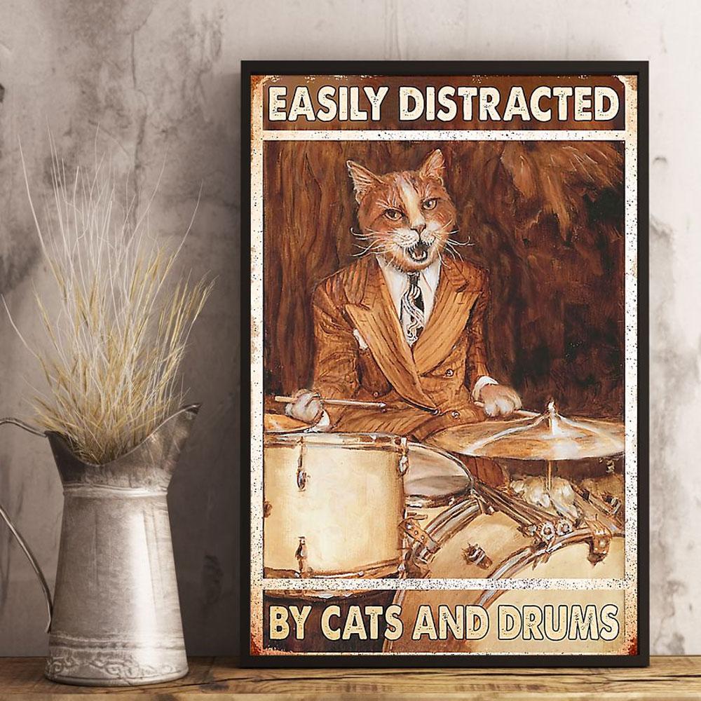 Poster Canvas Easily Distracted By Cats And Drums, Drummer Poster Gift Decor Home Decor Wall Art