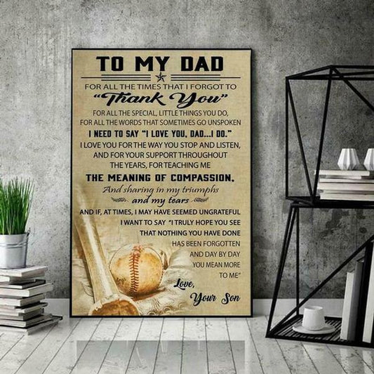 To My Dad Baseball For All The Times That I Forgot To Thank You Portrait Poster & Canvas Gift For Father Home Decor Wall Art Visual Art