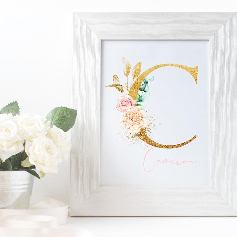 Floral Initial, Watercolor Monogram, Personalized Feminine Wall Decor, Soft Pink Aesthetic Girly Wall Art, Art Print Girl Boss,Nursery Decor