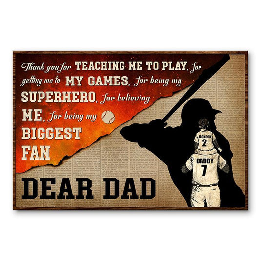 Personalized Baseball Dear Dad Thank You Poster & Canvas Gift For Dad Family Birthday, Gift For Baseball Lover Home Decor Wall Art Visual Art