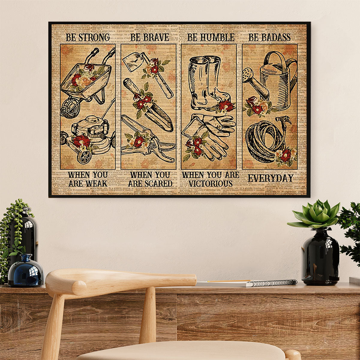Gardening Poster Home Décor Wall Art | Strong Brave Humble | Gift for Gardener, Plants Lover