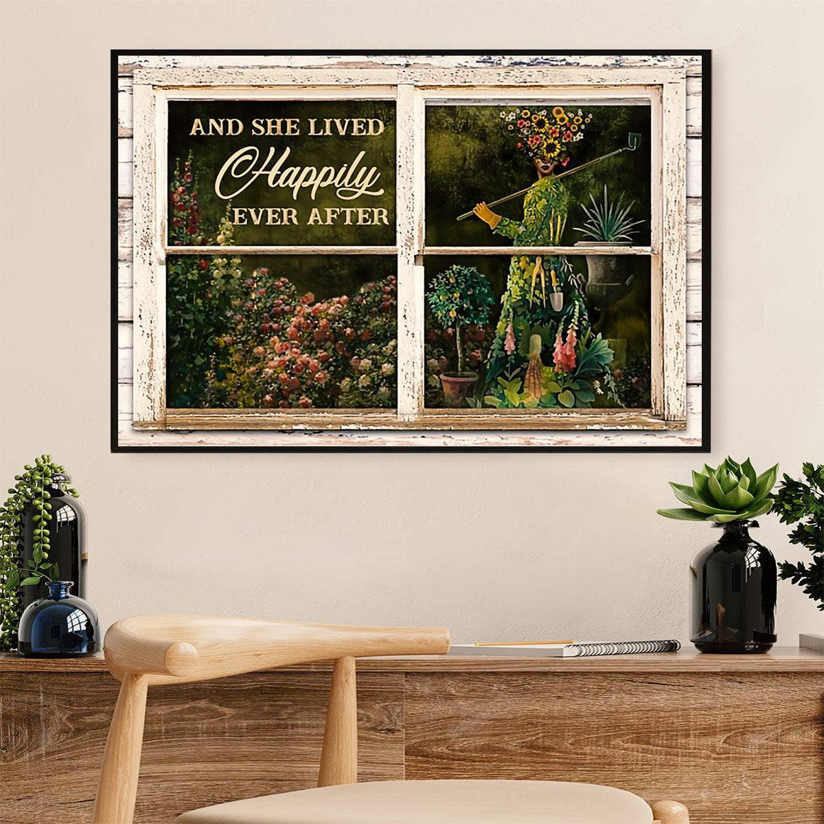 Gardening Poster Home Décor Wall Art | She Lived Happily | Gift for Gardener, Plants Lover