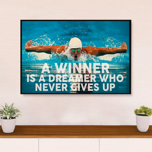 Swimming Poster Room Wall Art | Winner Never Gives Up | Gift for Swimmer