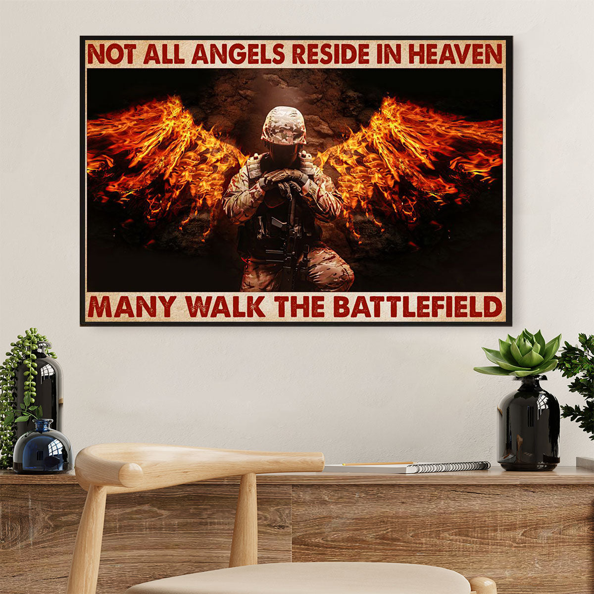 US Army Military Canvas Wall Art Prints | Angels Walk The Battlefield | American Independence Day Gift for Soldiers