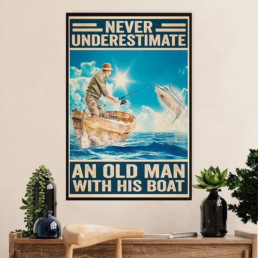 Fishing Poster Room Wall Art Prints | Never Underestimate an Old Man | Vintage Gift for Fisherman