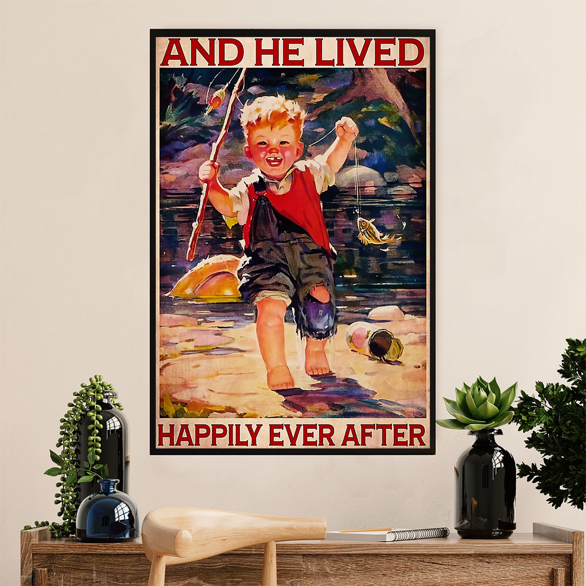 Fishing Poster Room Wall Art Prints | He Lived Happily | Vintage Gift for Fisherman