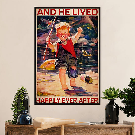 Fishing Poster Room Wall Art Prints | He Lived Happily | Vintage Gift for Fisherman