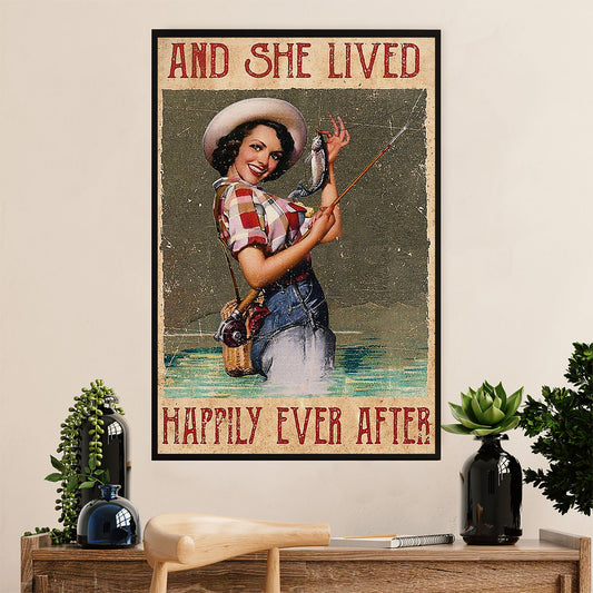 Fishing Poster Room Wall Art Prints | She Lived Happily | Vintage Gift for Fisherman