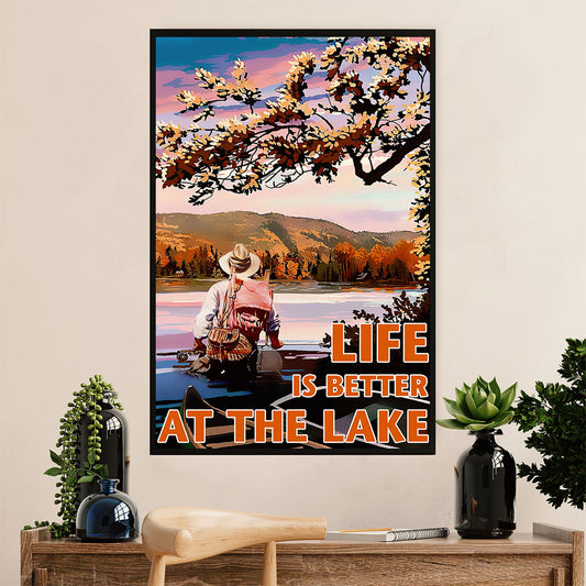 Fishing Poster Room Wall Art Prints | Life Is Better At Lake | Vintage Gift for Fisherman