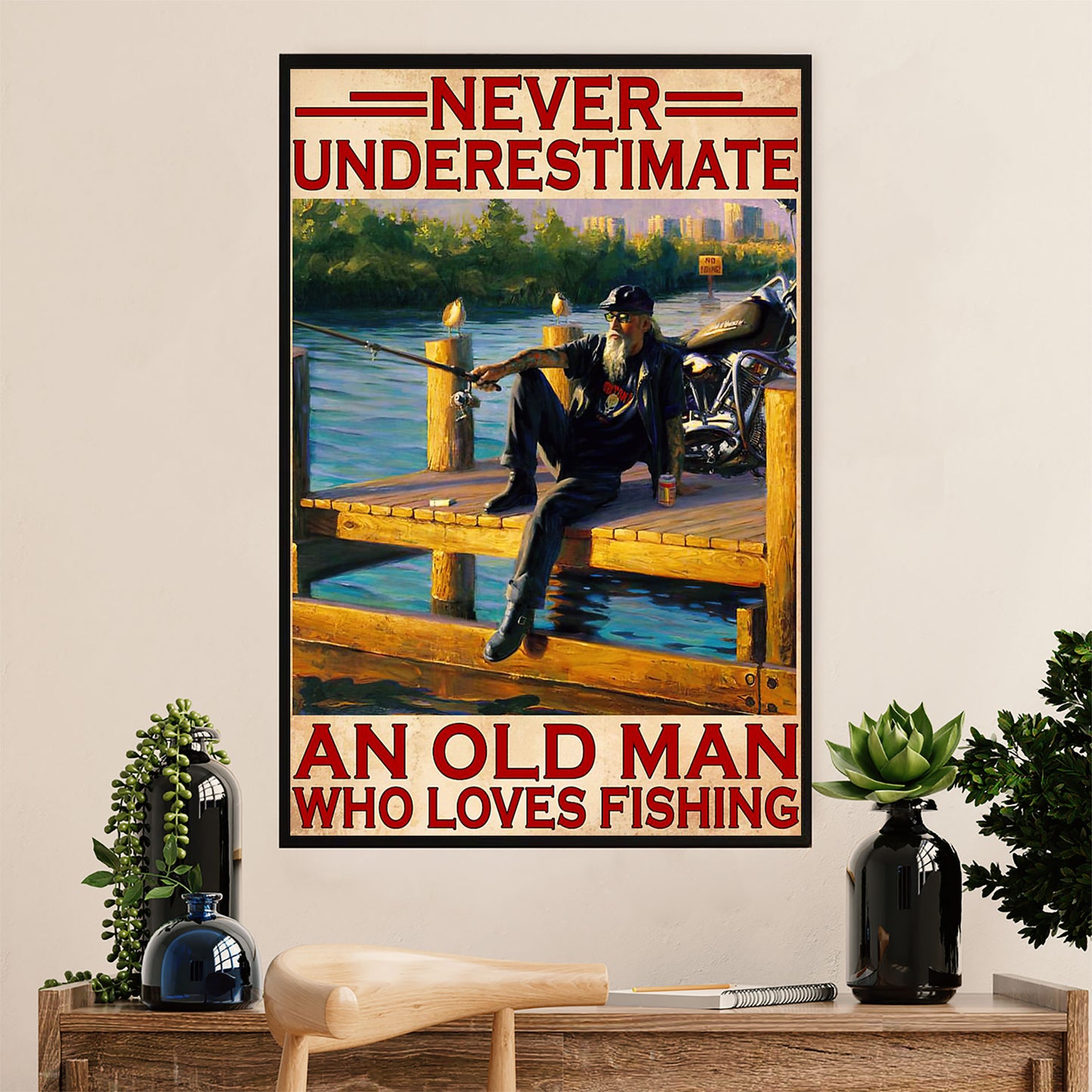 Fishing Poster Room Wall Art Prints | Old Man Loves Fishing | Vintage Gift for Fisherman