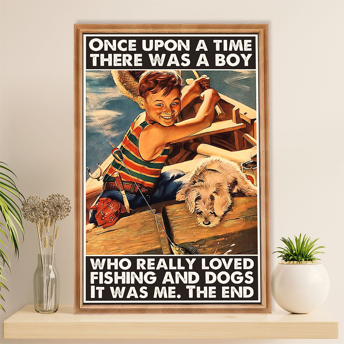 Fishing Poster Room Wall Art Prints | Boy Loves Fishing & Dogs | Vintage Gift for Fisherman