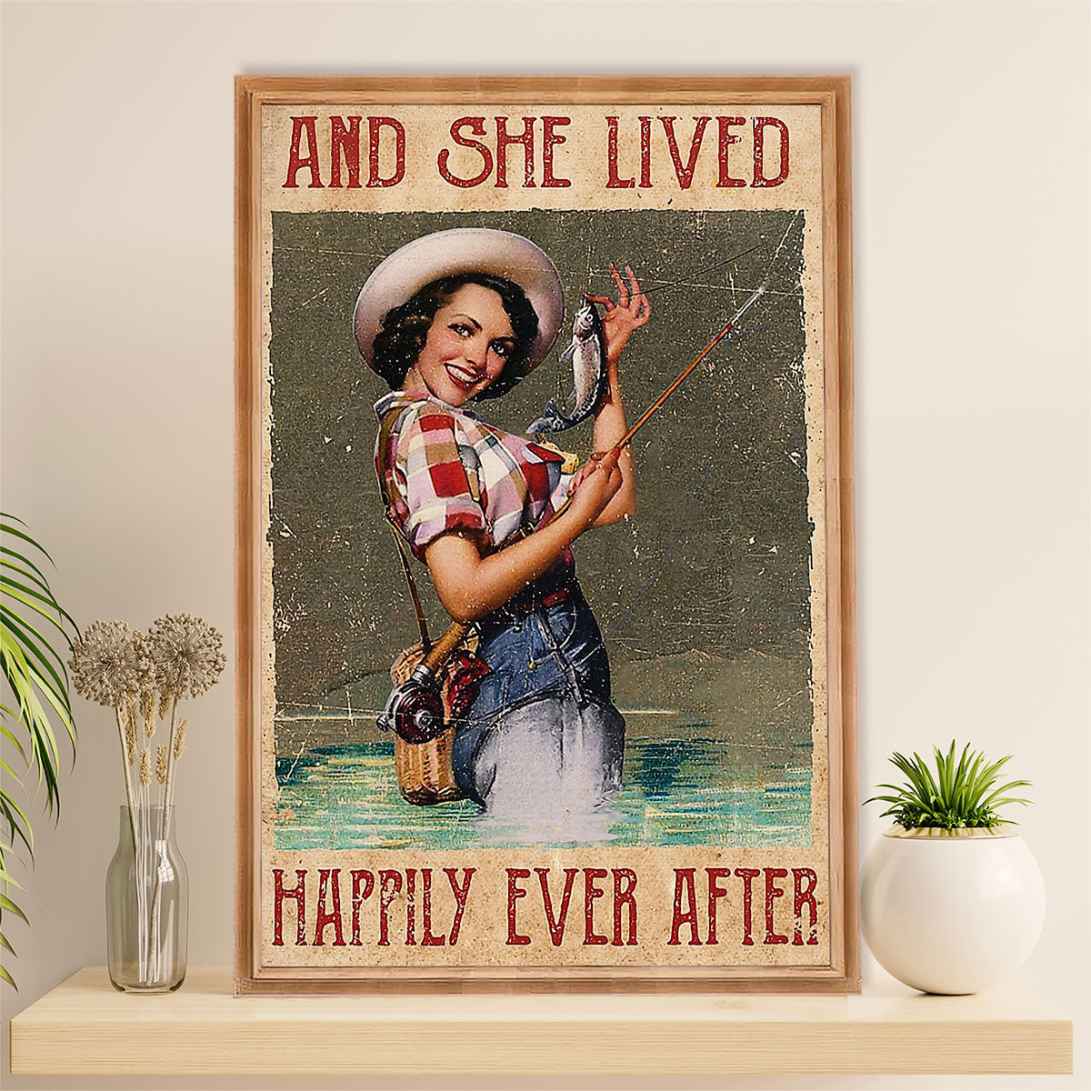 Fishing Poster Room Wall Art Prints | She Lived Happily | Vintage Gift for Fisherman