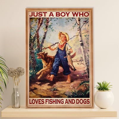 Fishing Poster Room Wall Art Prints | Boy Loves Fishing & Dog | Vintage Gift for Fisherman