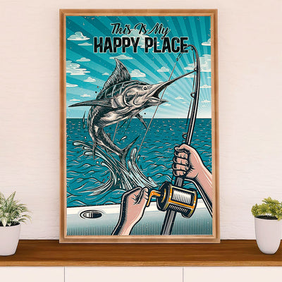 Fishing Poster Room Wall Art Prints | Happy Place | Vintage Gift for Fisherman