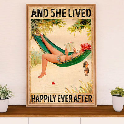 Fishing Poster Room Wall Art Prints | She Lived Happily | Vintage Gift for Fisherman