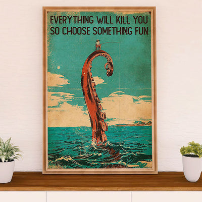 Fishing Poster Room Wall Art Prints | Man Octopus | Vintage Gift for Fisherman