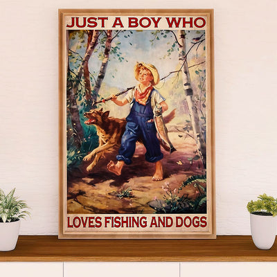 Fishing Poster Room Wall Art Prints | Boy Loves Fishing & Dog | Vintage Gift for Fisherman