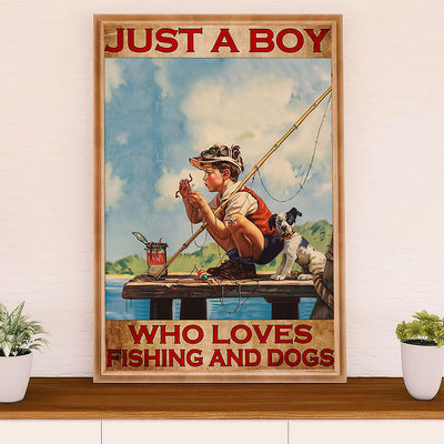 Fishing Poster Room Wall Art Prints | Boy Loves Fishing & Dog | Vintage Gift for Fisherman