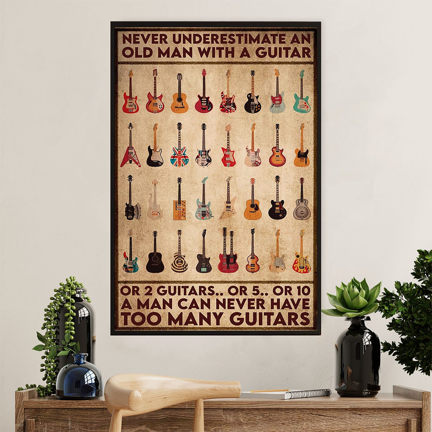 Music Guitar Poster Prints | Old Man With Too Many Guitars | Wall Art Gift for Guitarist