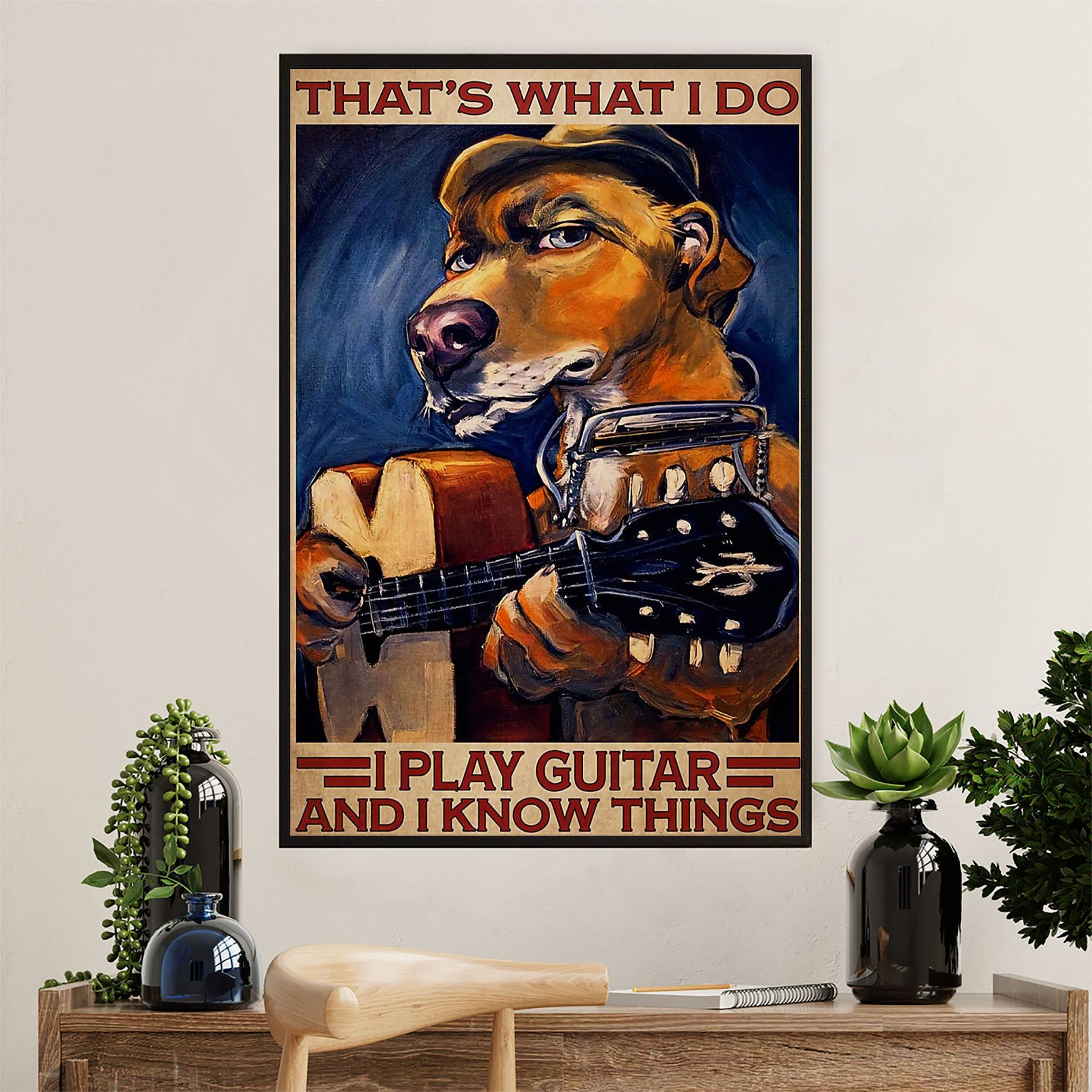 Music Guitar Canvas Wall Art Prints | Dog Plays Guitar | Home Décor Gift for Guitarist