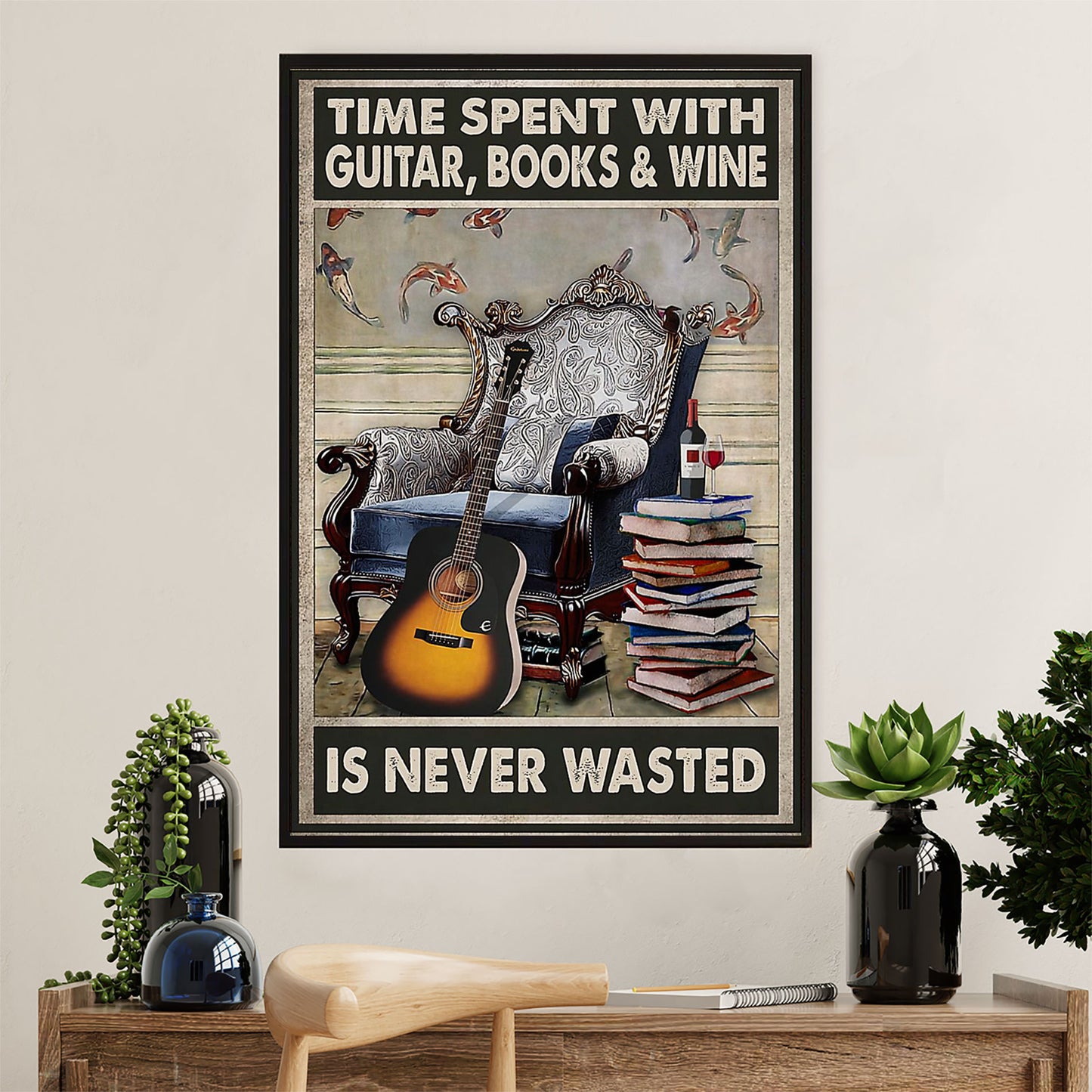 Music Guitar Canvas Wall Art Prints | Time Spent With Guitar, Books & Wine | Home Décor Gift for Guitarist