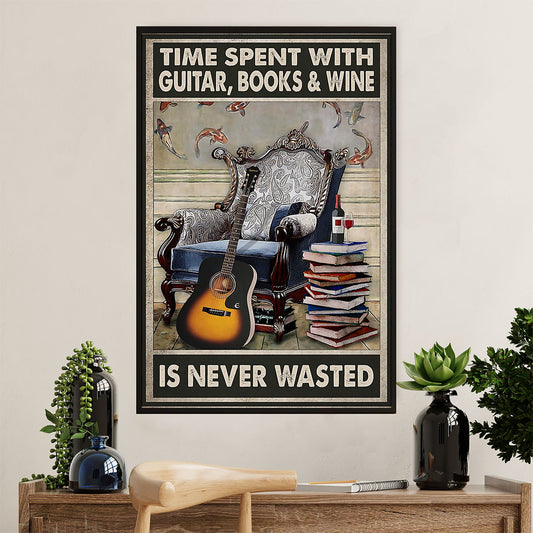 Music Guitar Canvas Wall Art Prints | Time Spent With Guitar, Books & Wine | Home Décor Gift for Guitarist