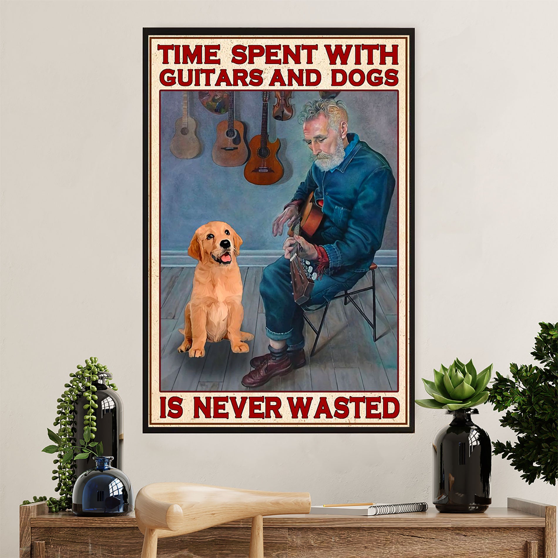 Music Guitar Poster Prints | Time Spent With Guitar, Books & Wine | Wall Art Gift for Guitarist