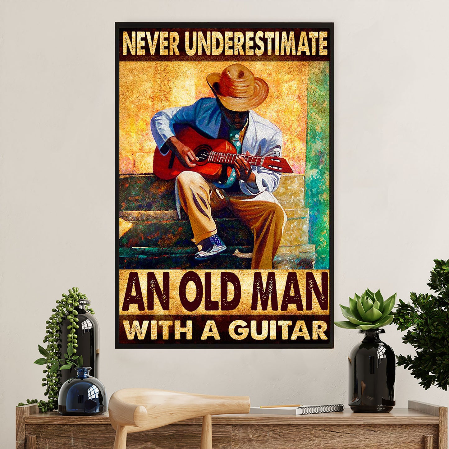 Music Guitar Canvas Wall Art Prints | Old Man With A Guitar | Home Décor Gift for Guitarist