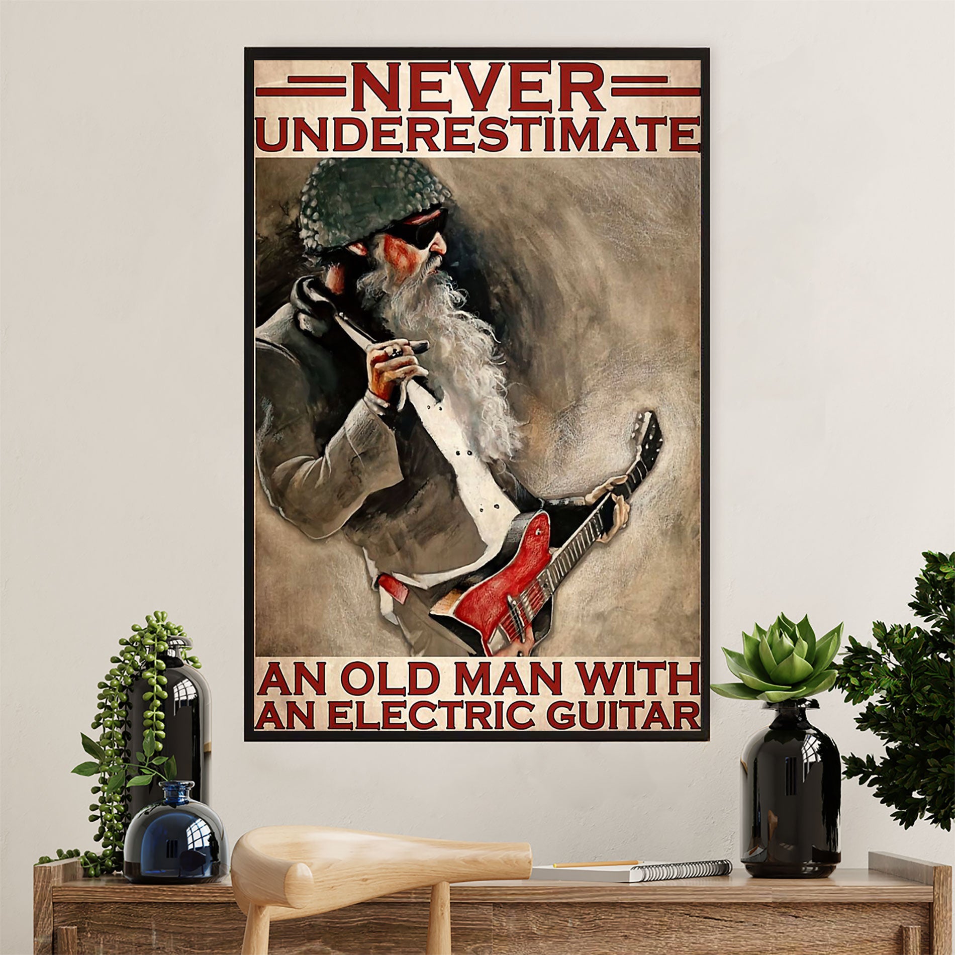 Music Guitar Canvas Wall Art Prints | Old Man With An Electric Guitar | Home Décor Gift for Guitarist