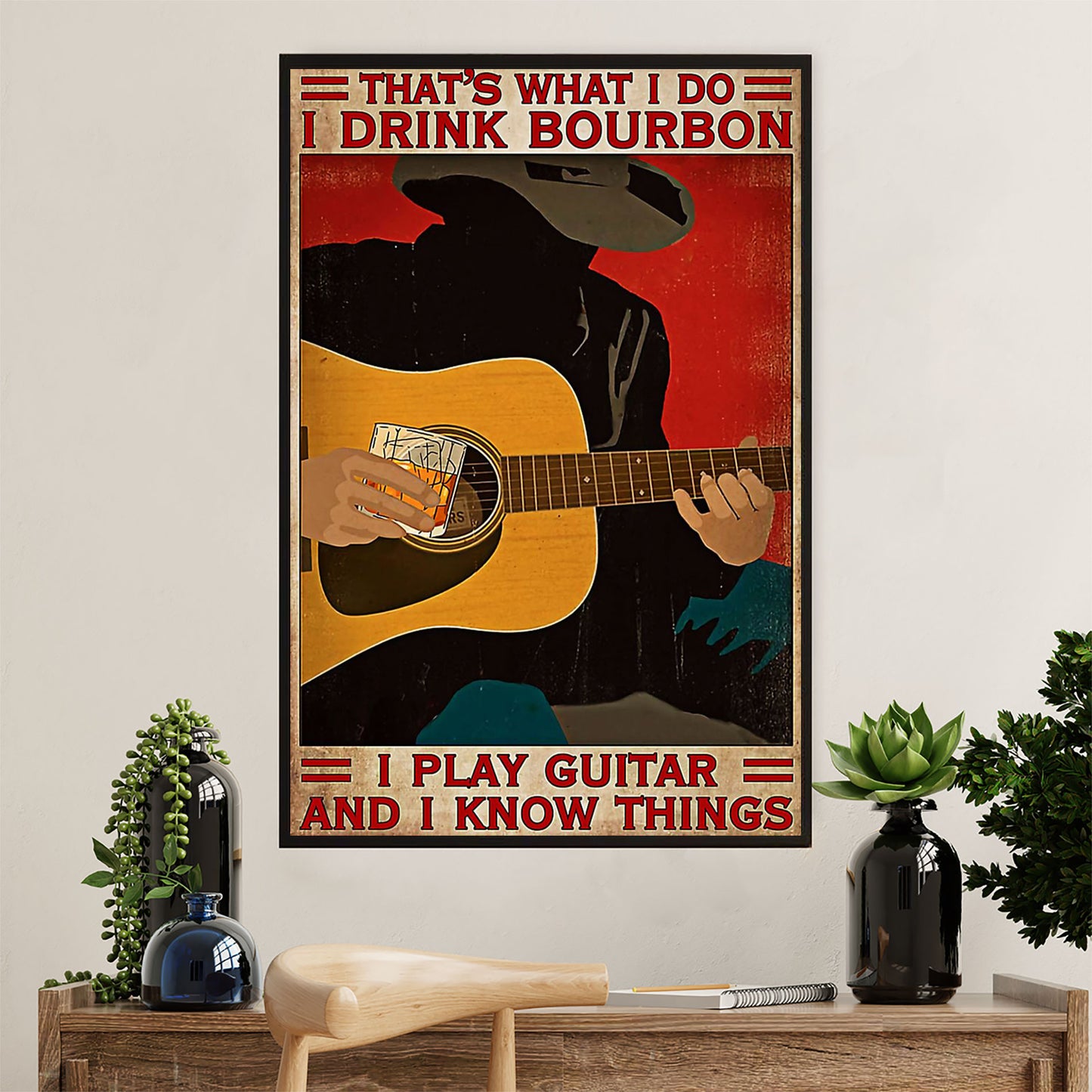 Music Guitar Canvas Wall Art Prints | Drink Bourbon, Play Guitar & Know Things | Home Décor Gift for Guitarist