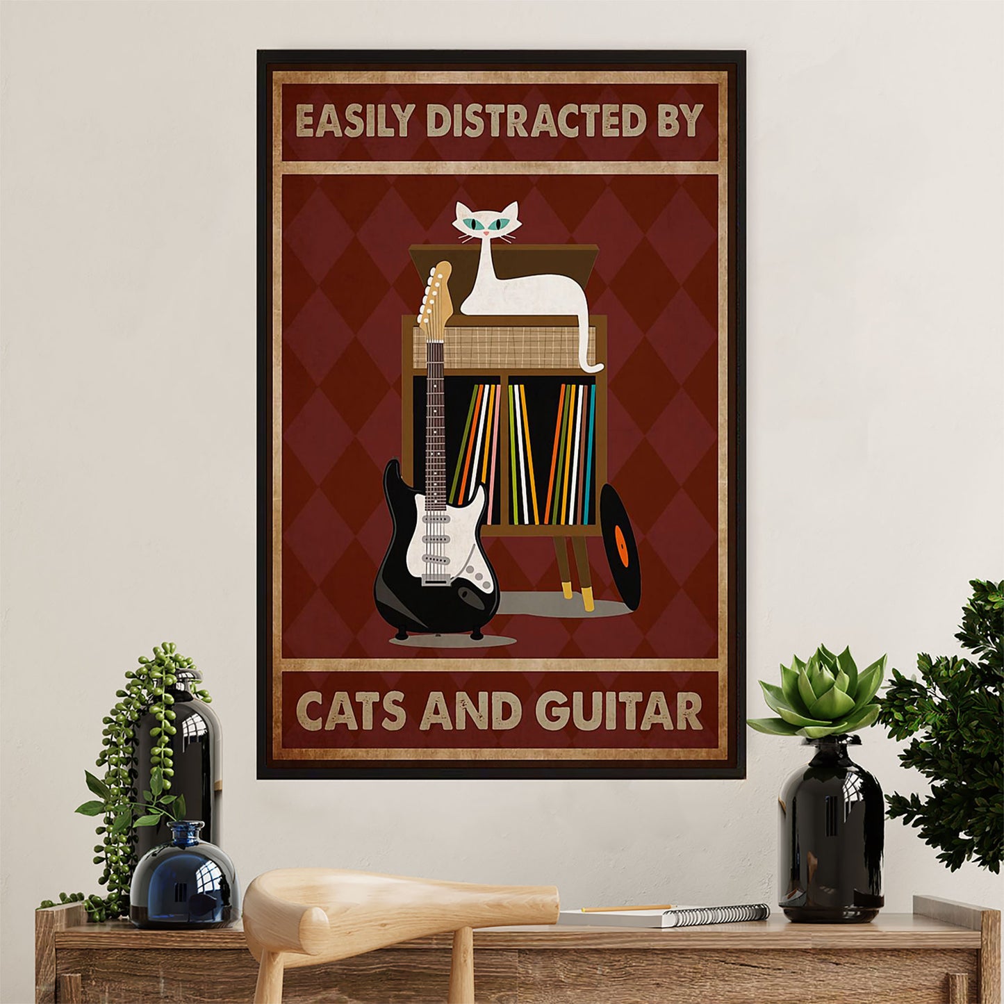 Music Guitar Canvas Wall Art Prints | Distracted by Cats & Guitar | Home Décor Gift for Guitarist