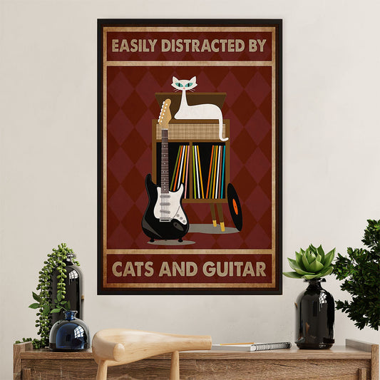 Music Guitar Canvas Wall Art Prints | Distracted by Cats & Guitar | Home Décor Gift for Guitarist