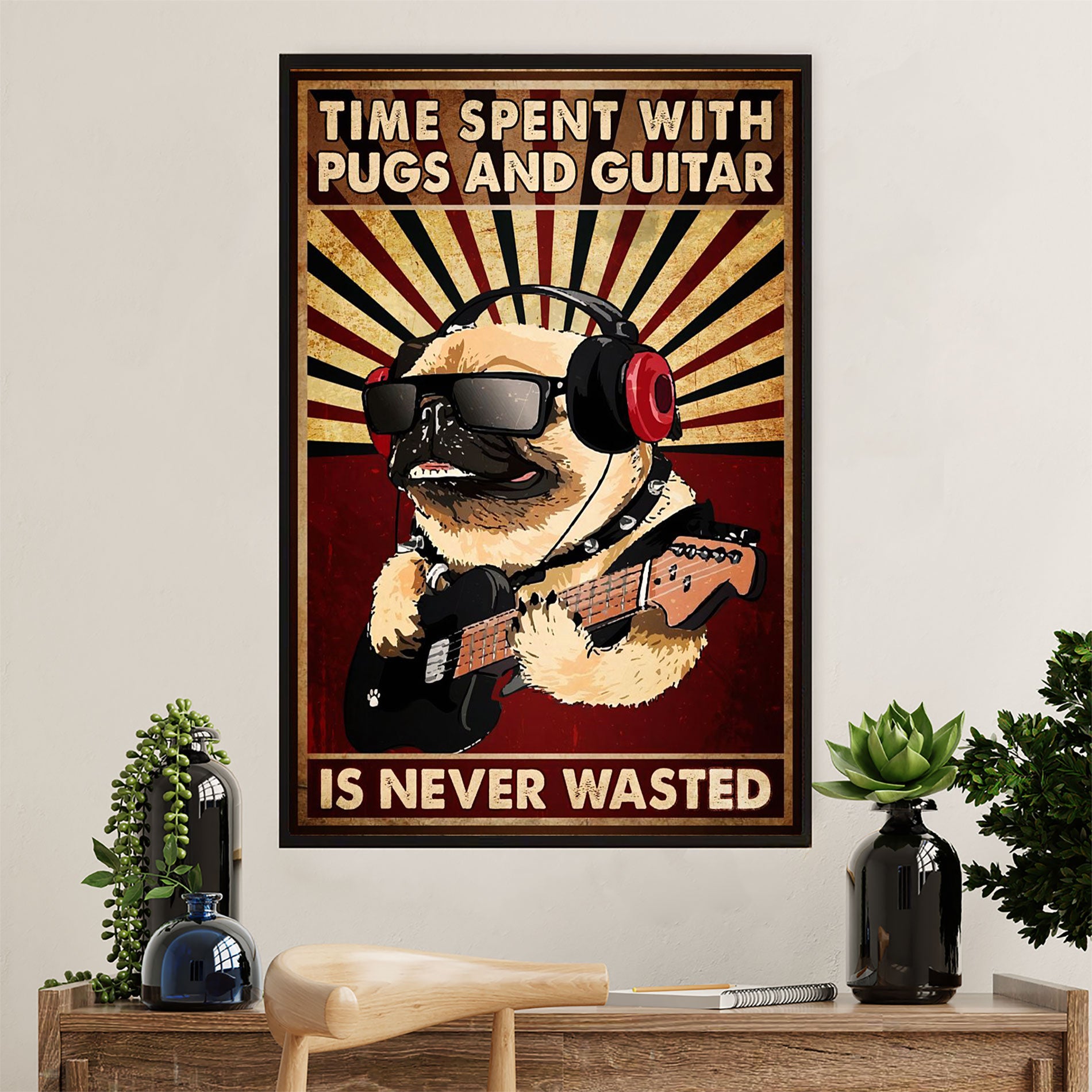 Music Guitar Canvas Wall Art Prints | Time Spent with Pugs & Guitar | Home Décor Gift for Guitarist