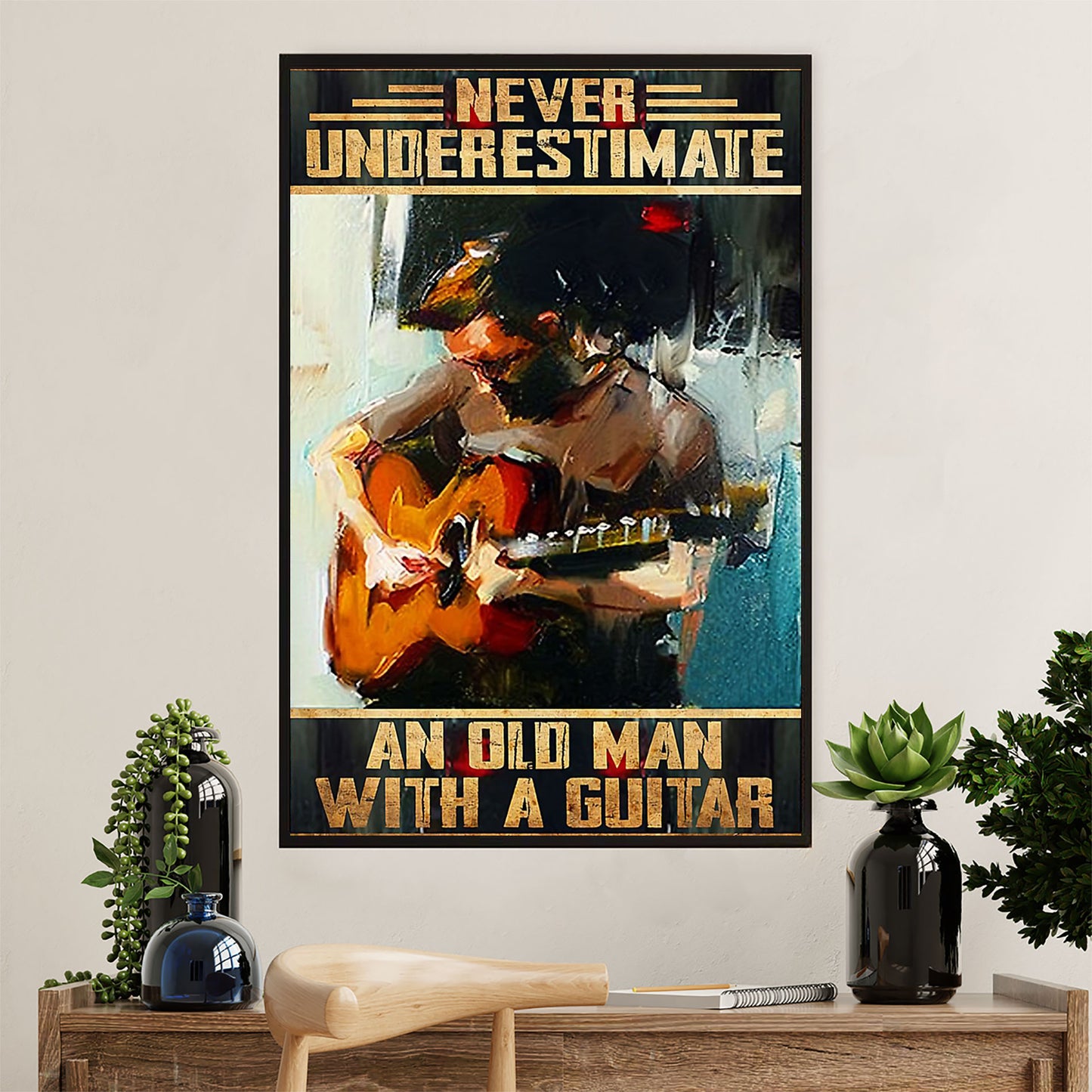 Music Guitar Canvas Wall Art Prints | Old Man With A Guitar | Home Décor Gift for Guitarist