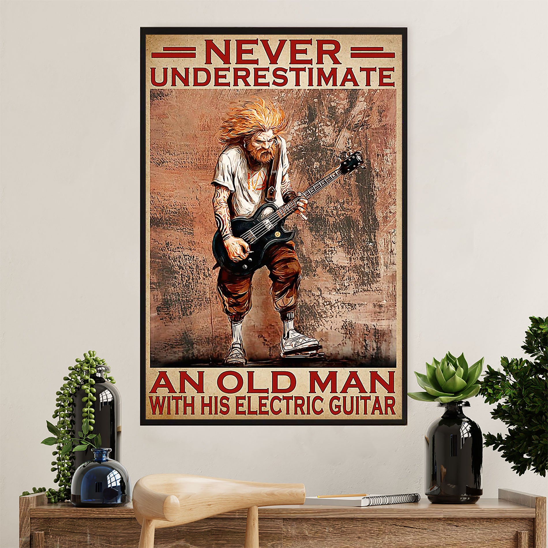 Music Guitar Poster Prints | Old Man With An Electric Guitar | Wall Art Gift for Guitarist