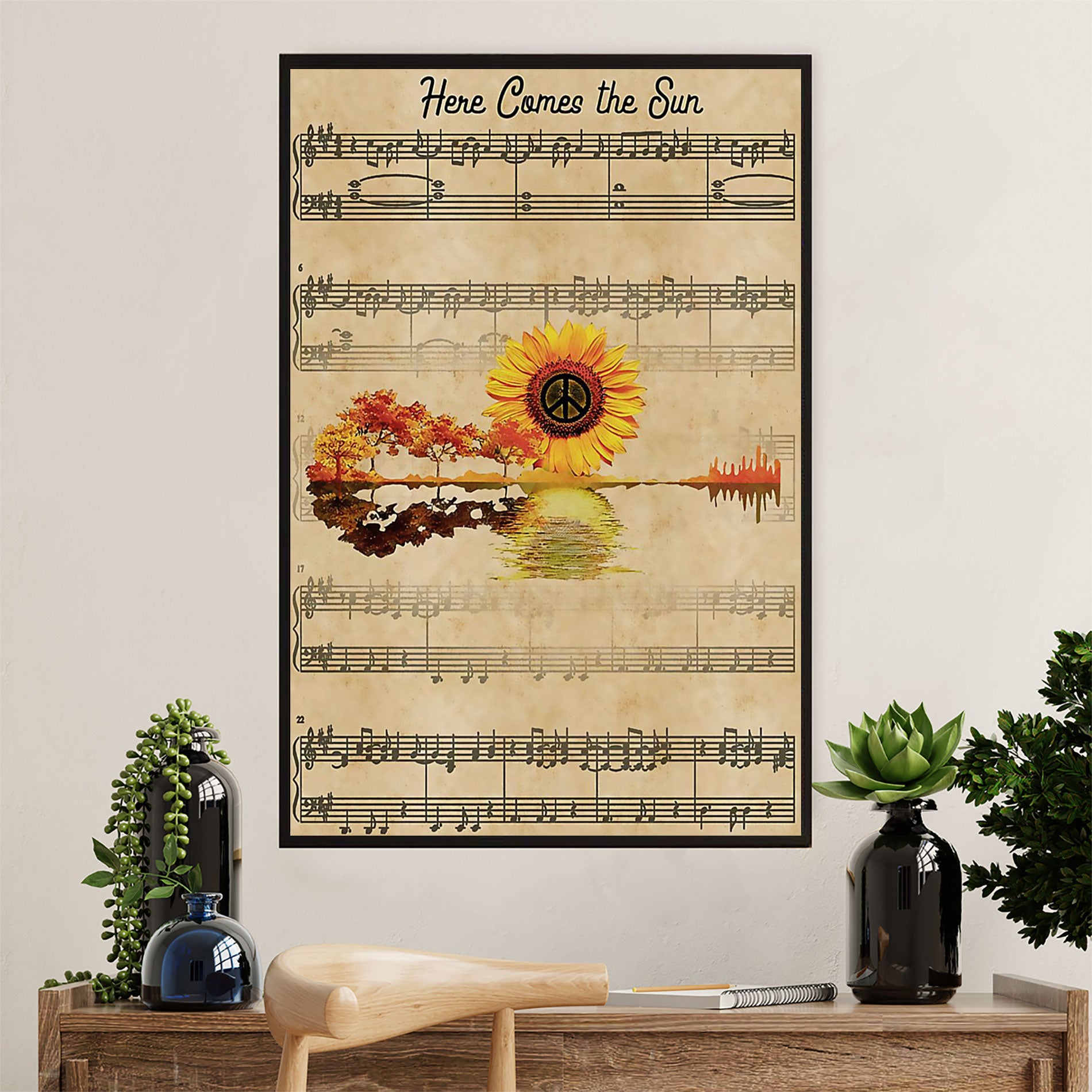 Music Guitar Canvas Wall Art Prints | Here Comes The Sun Hippie | Home Décor Gift for Guitarist