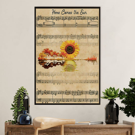 Music Guitar Canvas Wall Art Prints | Here Comes The Sun Hippie | Home Décor Gift for Guitarist
