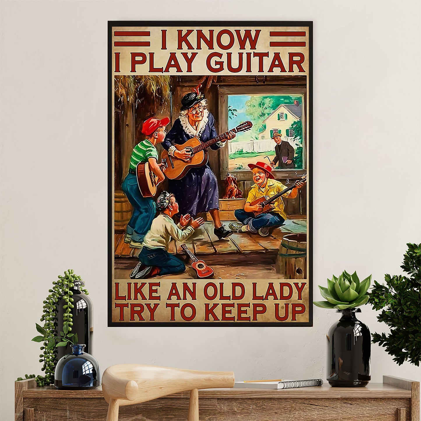 Music Guitar Poster Prints | Old Lady Plays Guitar | Wall Art Gift for Guitarist