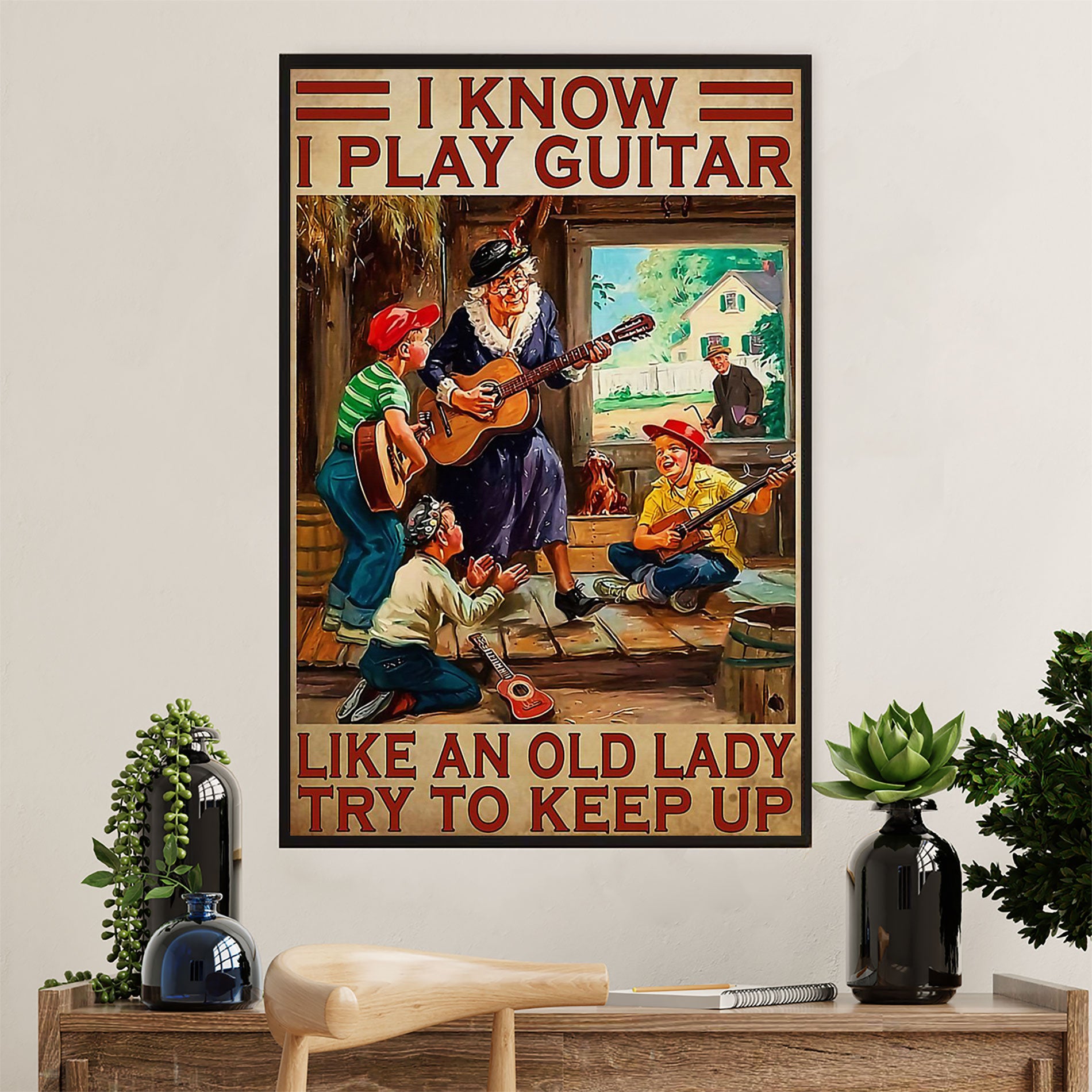 Music Guitar Canvas Wall Art Prints | Old Lady Plays Guitar | Home Décor Gift for Guitarist