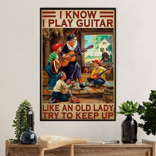 Music Guitar Canvas Wall Art Prints | Old Lady Plays Guitar | Home Décor Gift for Guitarist