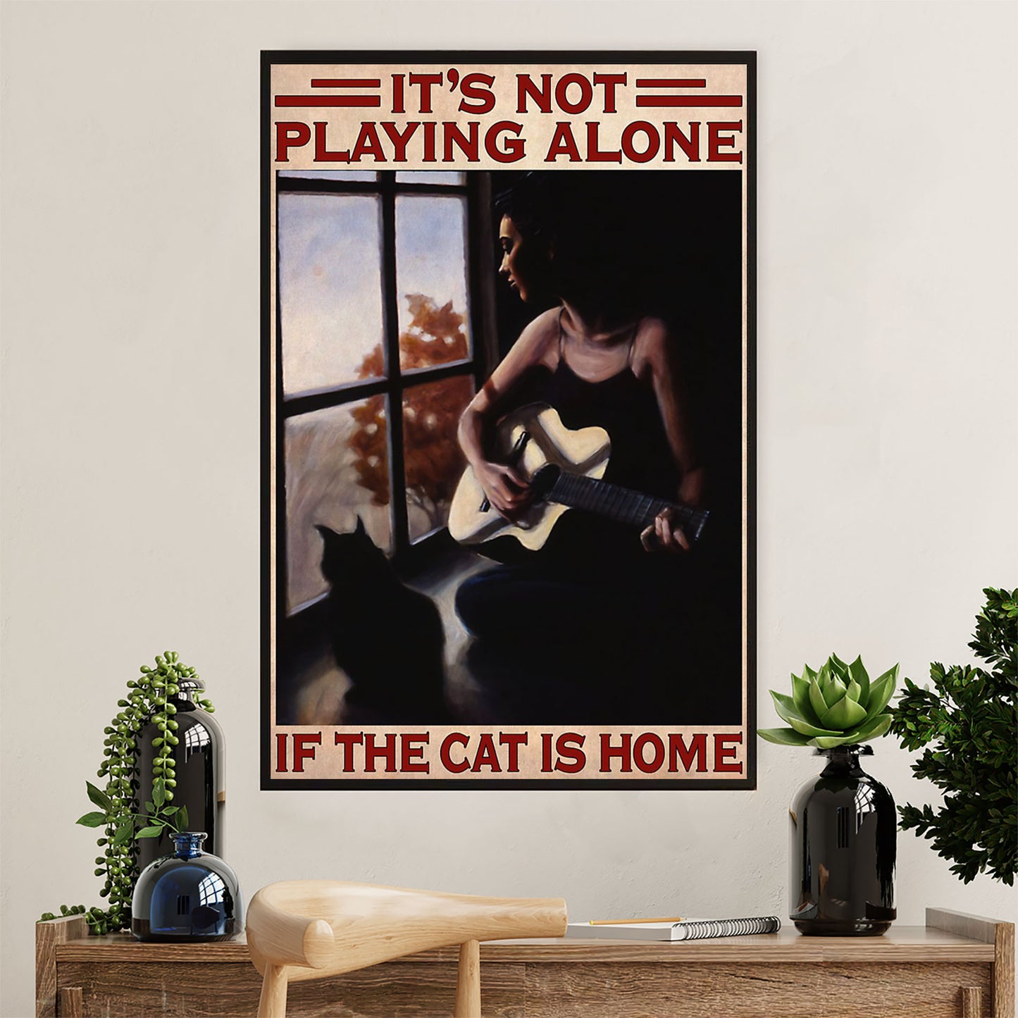 Music Guitar Canvas Wall Art Prints | Girl & Cat Playing Guitar | Home Décor Gift for Guitarist