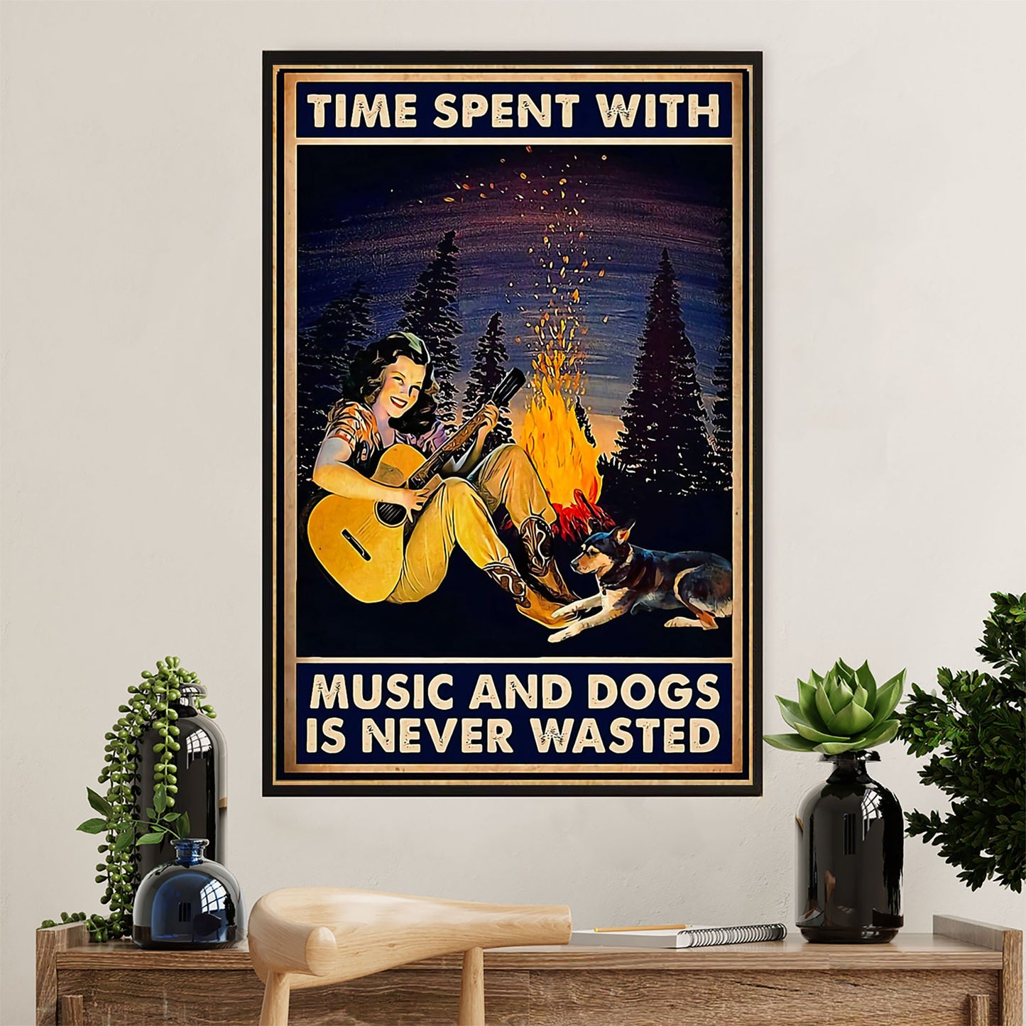 Music Guitar Canvas Wall Art Prints | Time Spent With Music & Dogs | Home Décor Gift for Guitarist