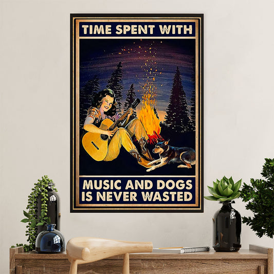 Music Guitar Canvas Wall Art Prints | Time Spent With Music & Dogs | Home Décor Gift for Guitarist