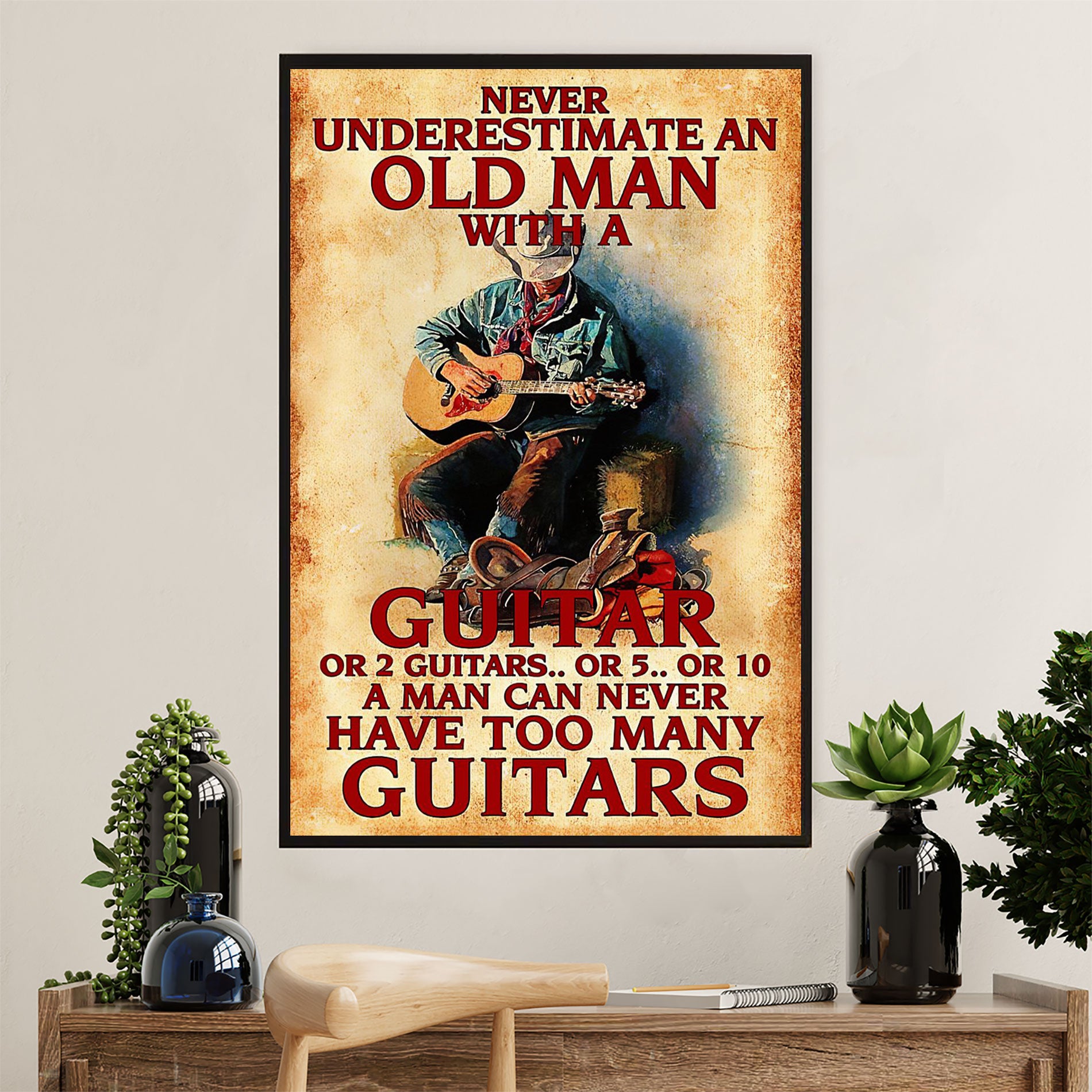 Music Guitar Canvas Wall Art Prints | Old Man With A Guitar | Home Décor Gift for Guitarist