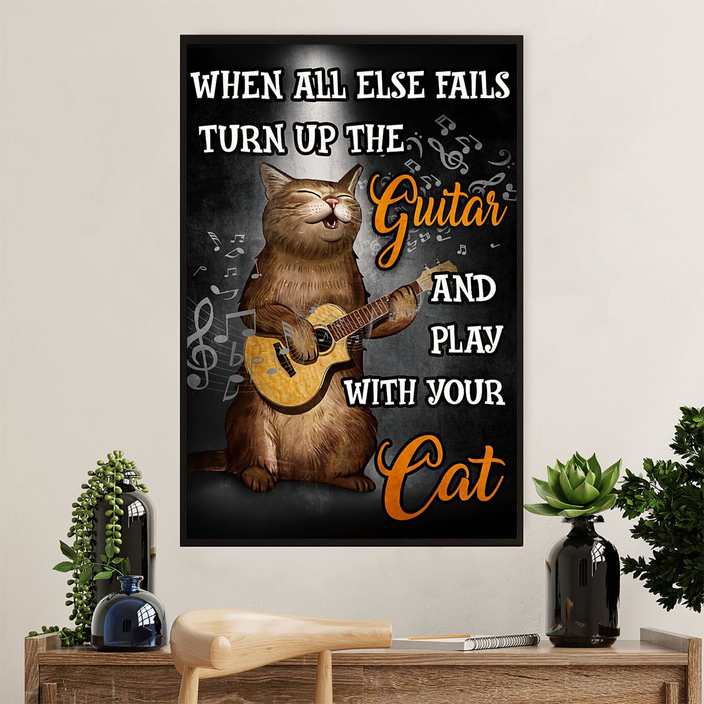 Music Guitar Canvas Wall Art Prints | Cat Plays Guitar | Home Décor Gift for Guitarist