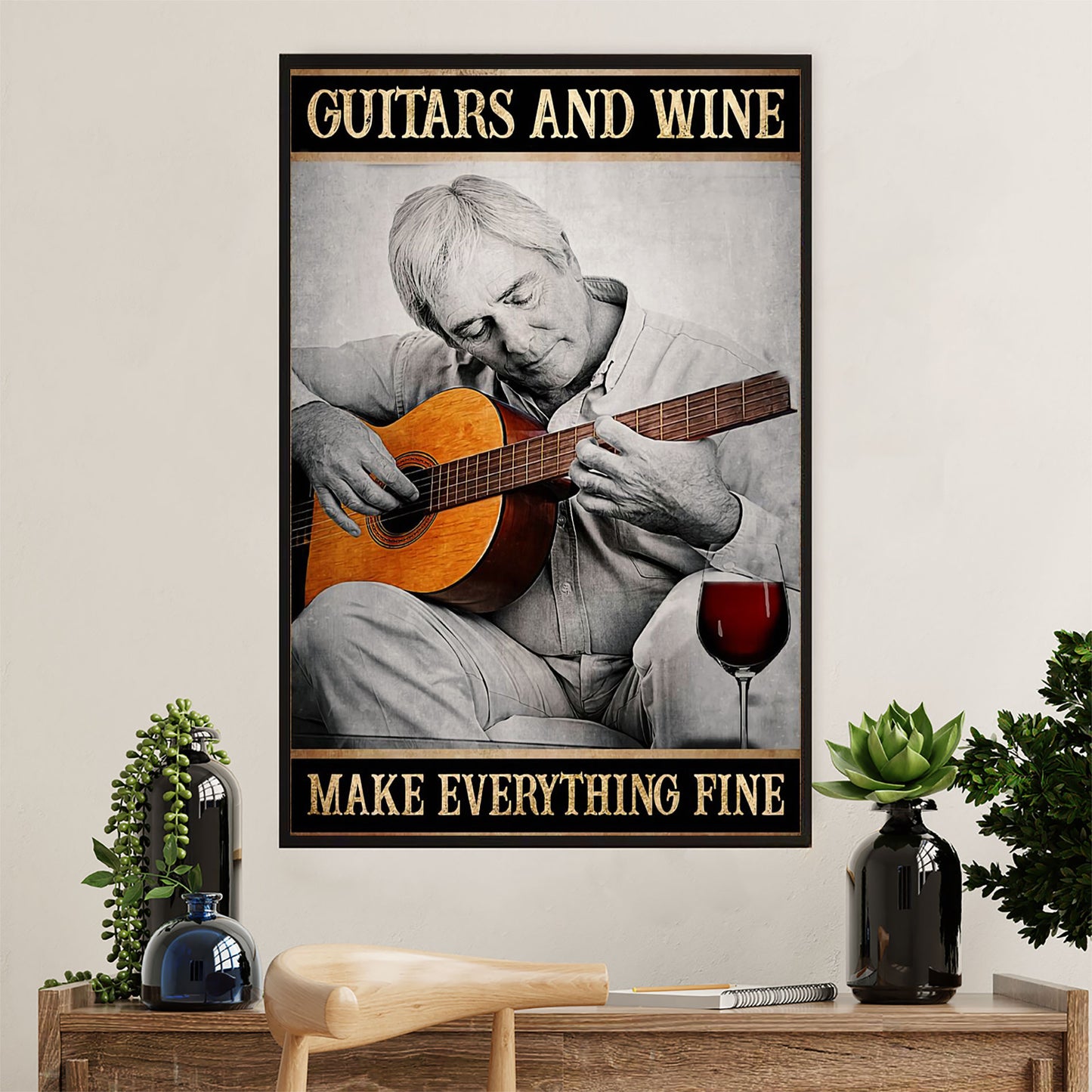 Music Guitar Poster Prints | Loves Guitars & Wine | Wall Art Gift for Guitarist